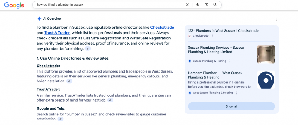 GEO to AI overviews - Results for a plumber in Sussex