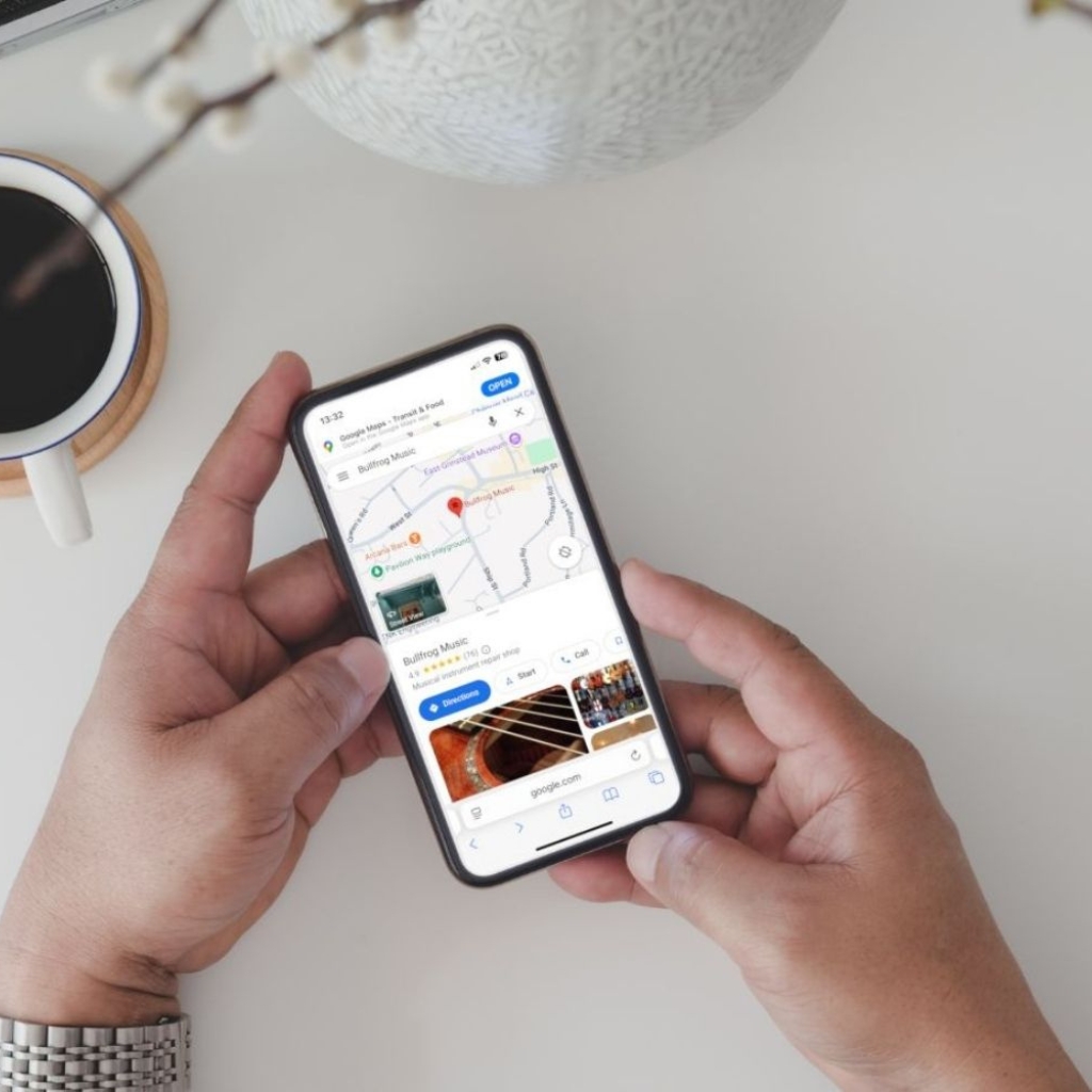 Snackpack Local SEO results on phone for a music shop