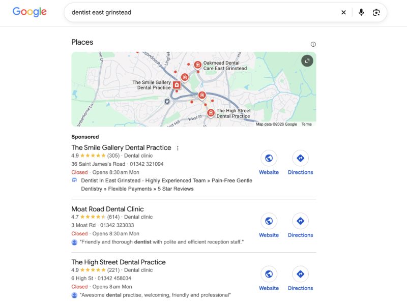 Google search results showing the map pack for dentists in East Grinstead