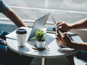 Two people working on laptops at a round table with coffee and a small plant